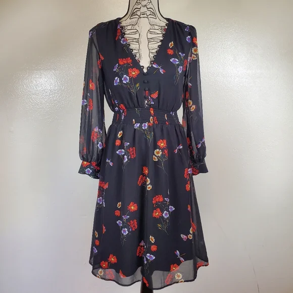 Express Floral Long Sleeve Dress Black Size Petite Small - Picture 1 of 6